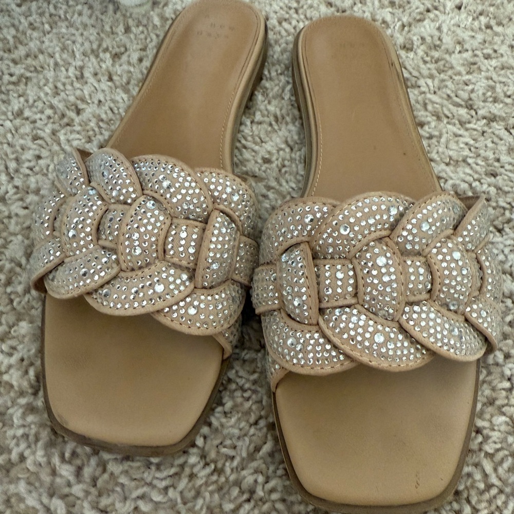 Elegant Tan Slide Sandals with Rhinestone Accents - Picture 4 of 7